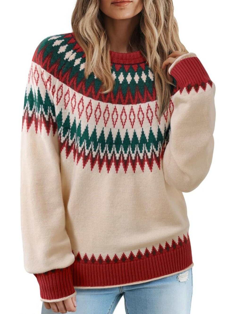 Cozy Vintage Fair Isle Knit Pullover Sweater for Women - Color Block Design